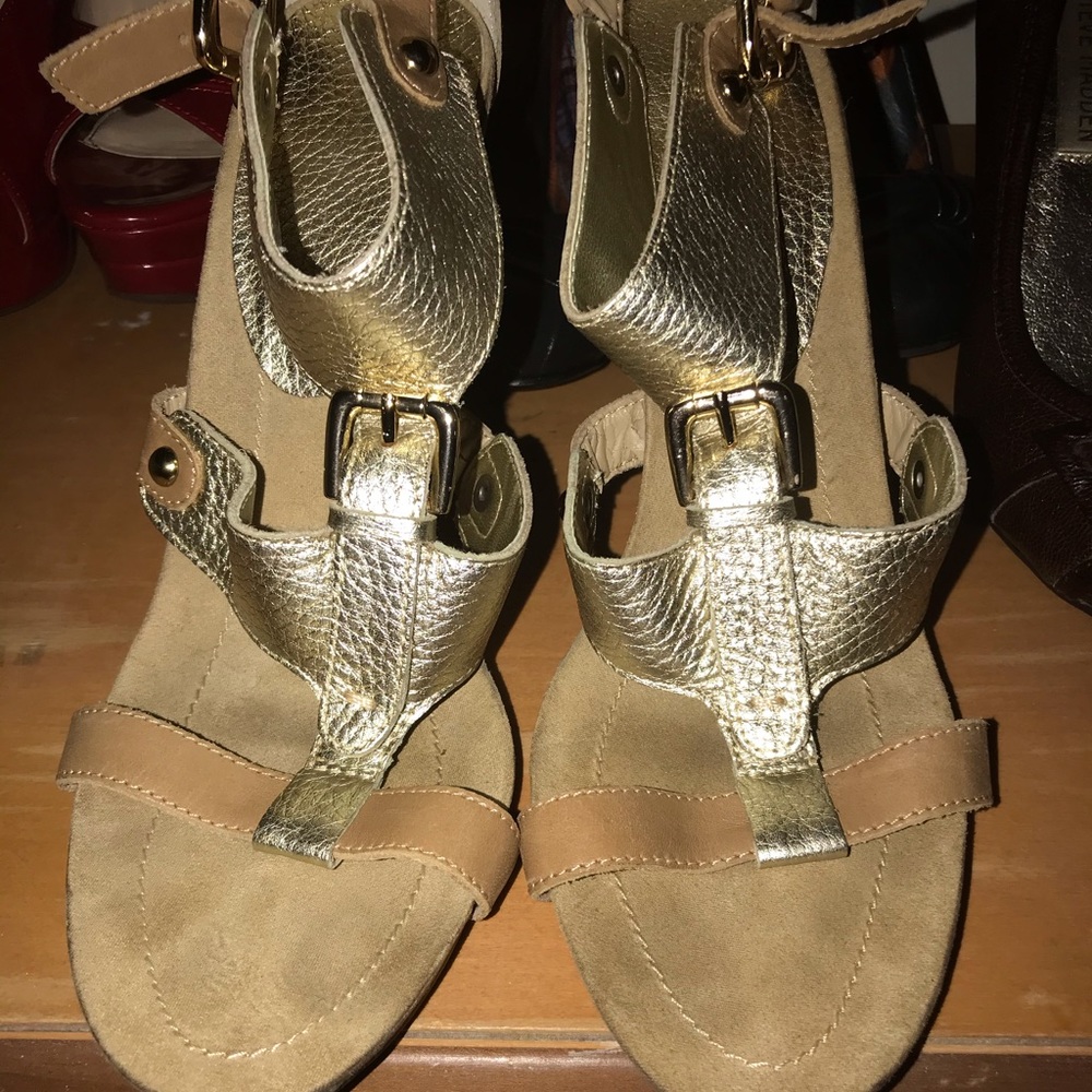 Nine West Gold leather strap heels